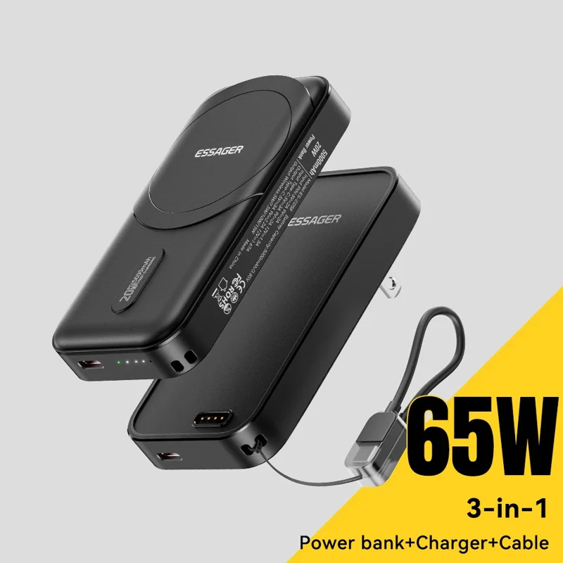 ESSAGER 3 em 1 Adaptador de Viagem Carregador Portátil 5000mAh Carregamento Rápido Carregador Portátil Magnético de Alta Capacidade - Preto / Plugue EUA