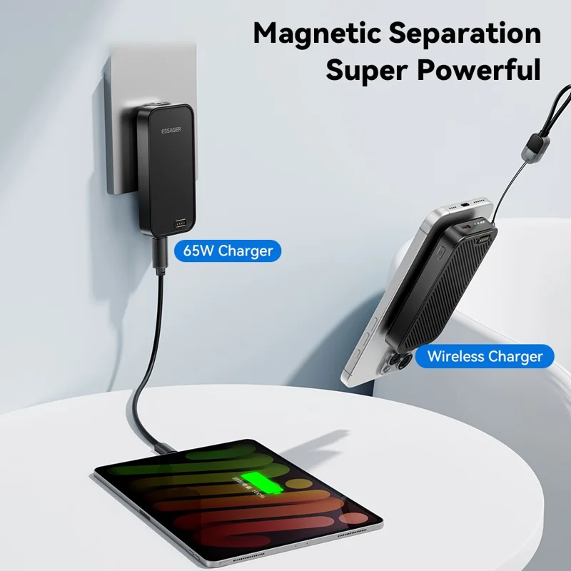 ESSAGER 3 em 1 Adaptador de Viagem Carregador Portátil 5000mAh Carregamento Rápido Carregador Portátil Magnético de Alta Capacidade - Preto / Plugue EUA