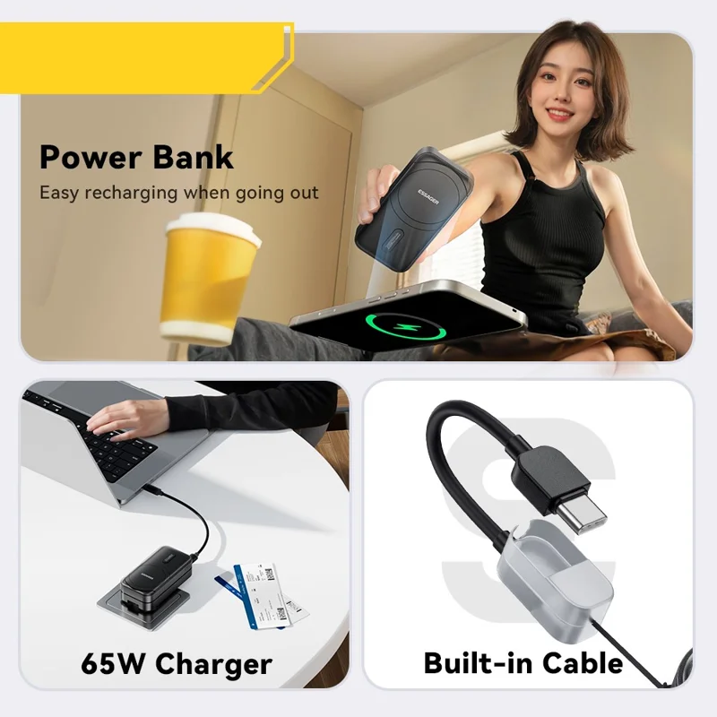ESSAGER 3 em 1 Adaptador de Viagem Carregador Portátil 5000mAh Carregamento Rápido Carregador Portátil Magnético de Alta Capacidade - Preto / Plugue EUA