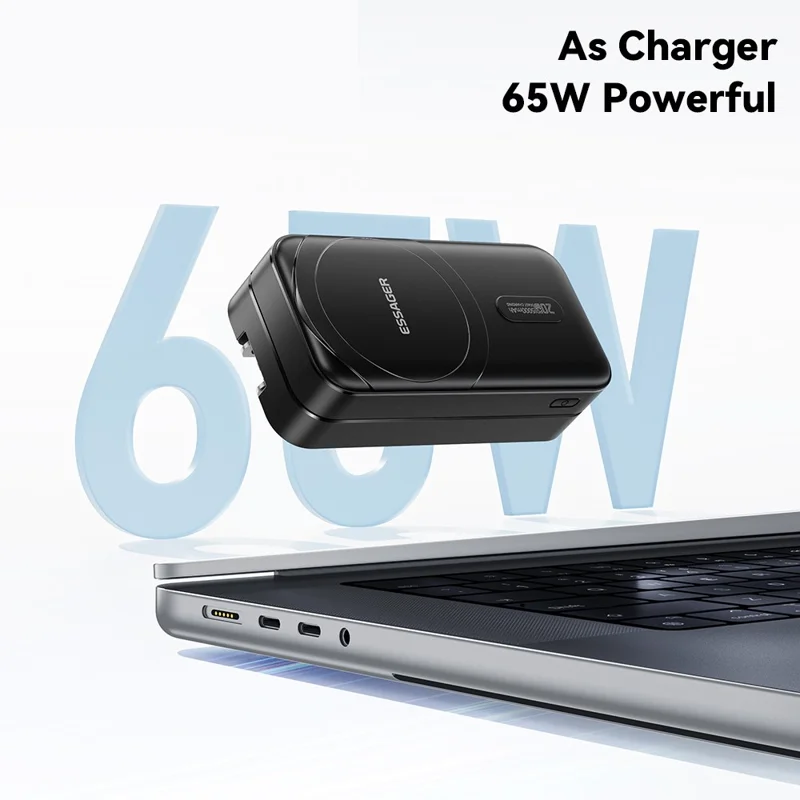 ESSAGER 3 em 1 Adaptador de Viagem Carregador Portátil 5000mAh Carregamento Rápido Carregador Portátil Magnético de Alta Capacidade - Preto / Plugue EUA