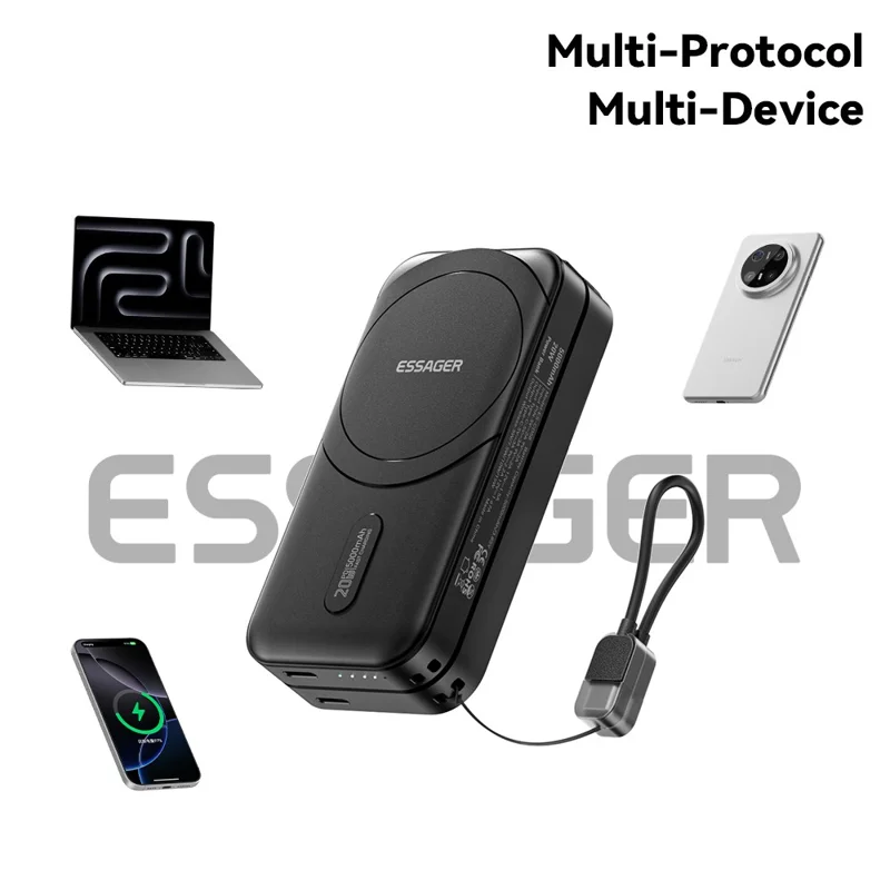 ESSAGER 3 em 1 Adaptador de Viagem Carregador Portátil 5000mAh Carregamento Rápido Carregador Portátil Magnético de Alta Capacidade - Preto / Plugue EUA