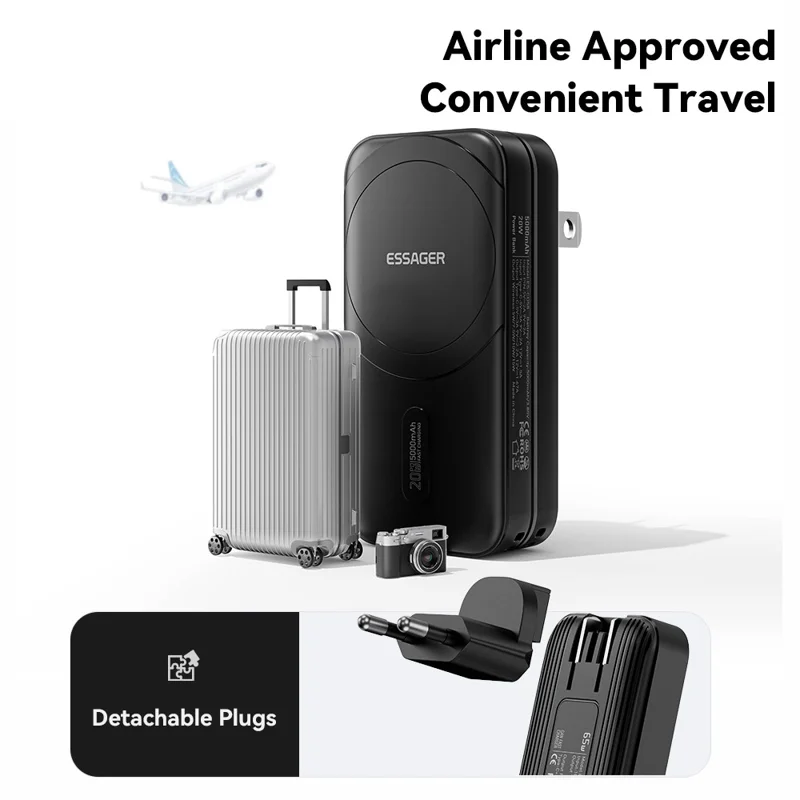 ESSAGER 3 em 1 Adaptador de Viagem Carregador Portátil 5000mAh Carregamento Rápido Carregador Portátil Magnético de Alta Capacidade - Preto / Plugue EUA