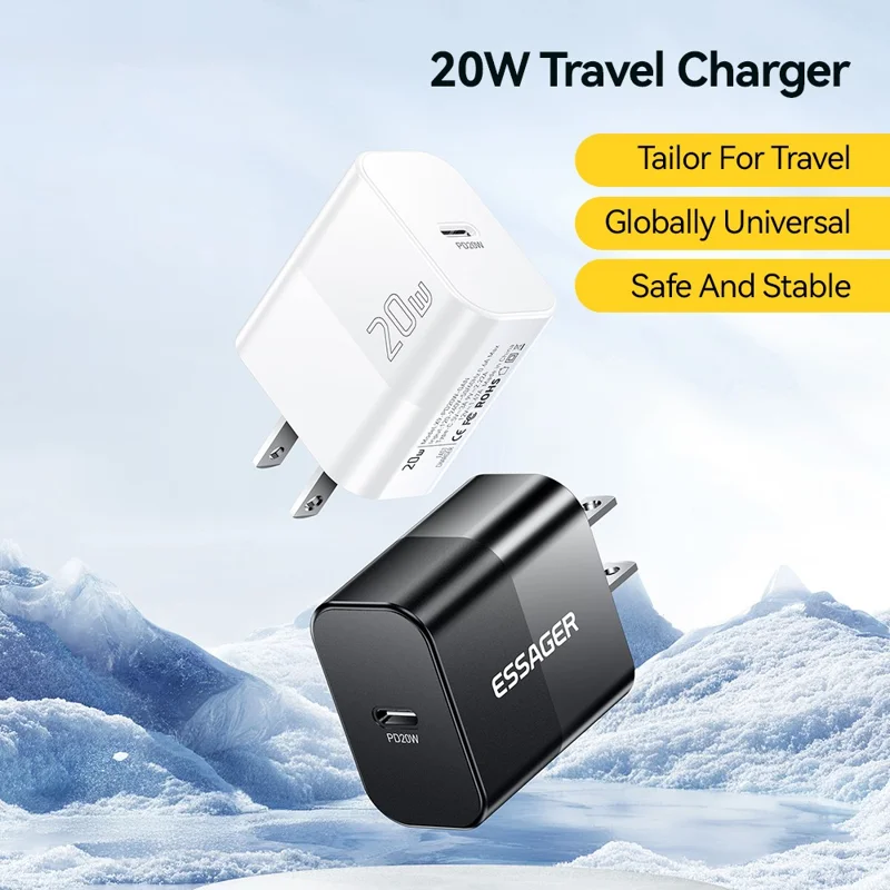 ESSAGER ABS PD 20W Wall Charger USB-C Fast Charging Mobile Phone Adapter Safe Efficient Charger - Black  /  US Plug