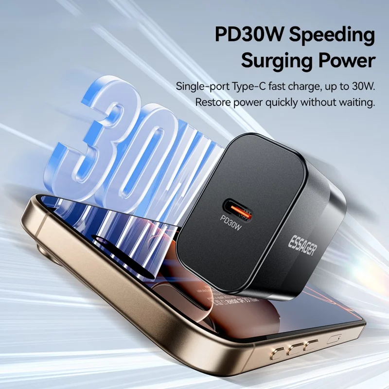 ESSAGER  ABS PD 30W Wall Charger USB-C Fast Charging Mobile Phone Adapter Safe Efficient Charger - Black  /  US Plug