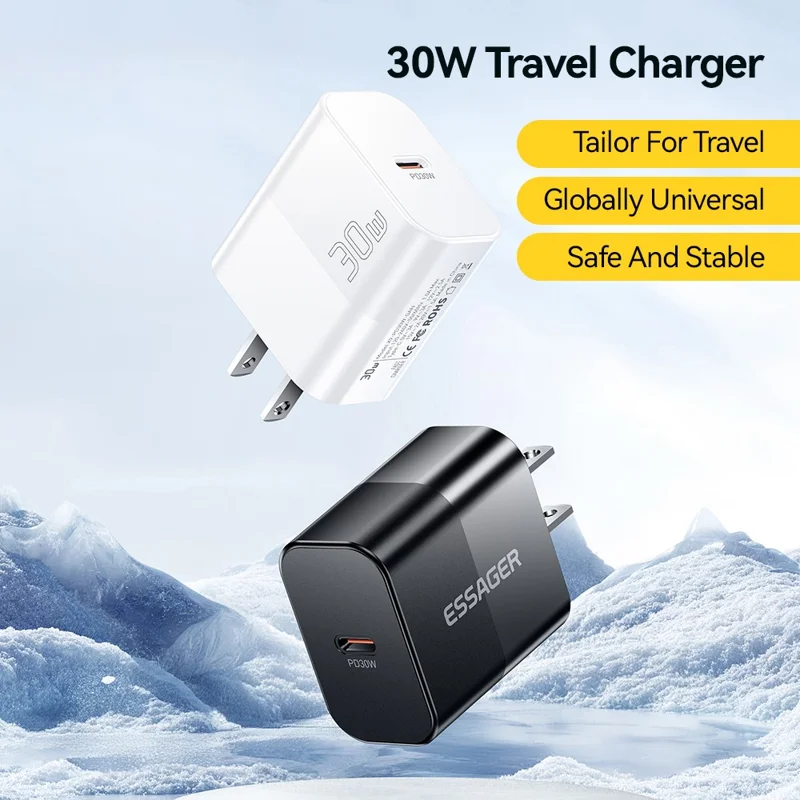 ESSAGER  ABS PD 30W Wall Charger USB-C Fast Charging Mobile Phone Adapter Safe Efficient Charger - Black  /  US Plug