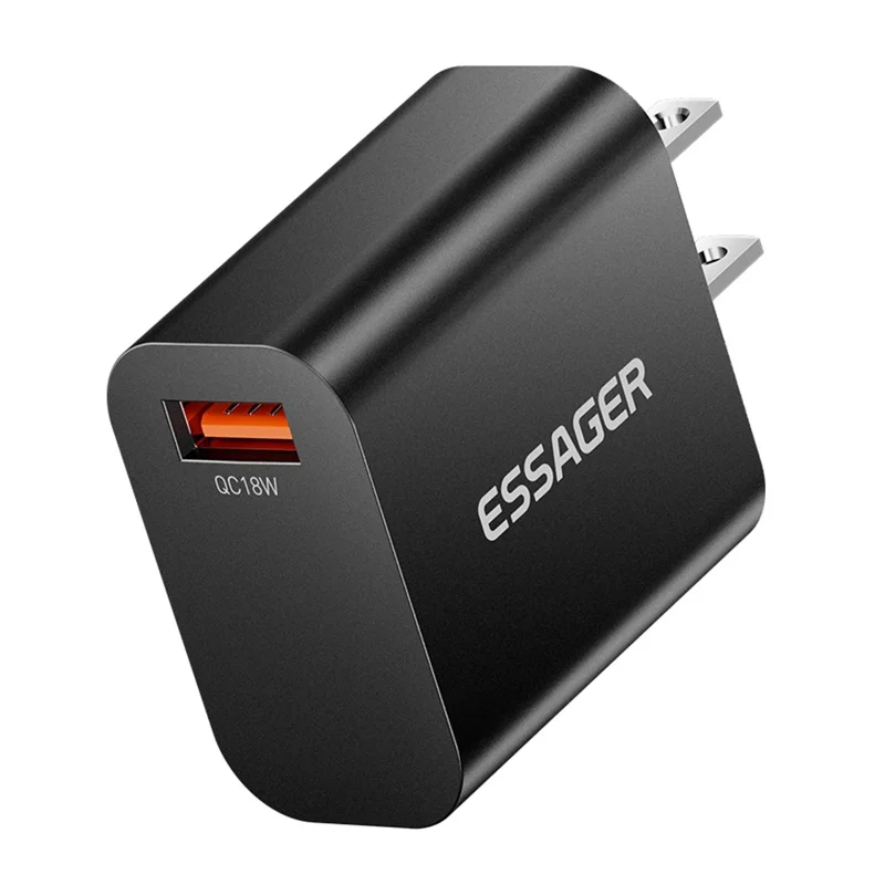 ESSAGER Max 18W Fast Charging USB Wall Charger Travel Power Adapter - Black  /  US Plug