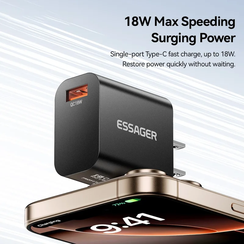 ESSAGER Max 18W Fast Charging USB Wall Charger Travel Power Adapter - White  /  US Plug