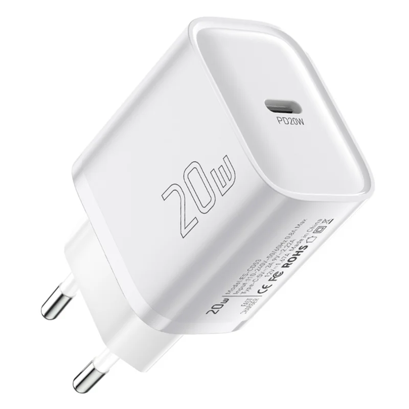 شاحن ESSAGER الأقصى 20 واط بشريحة تقنية PRO، محول طاقة صغير بمنفذ USB-C للسفر - أبيض / قابس أوروبي