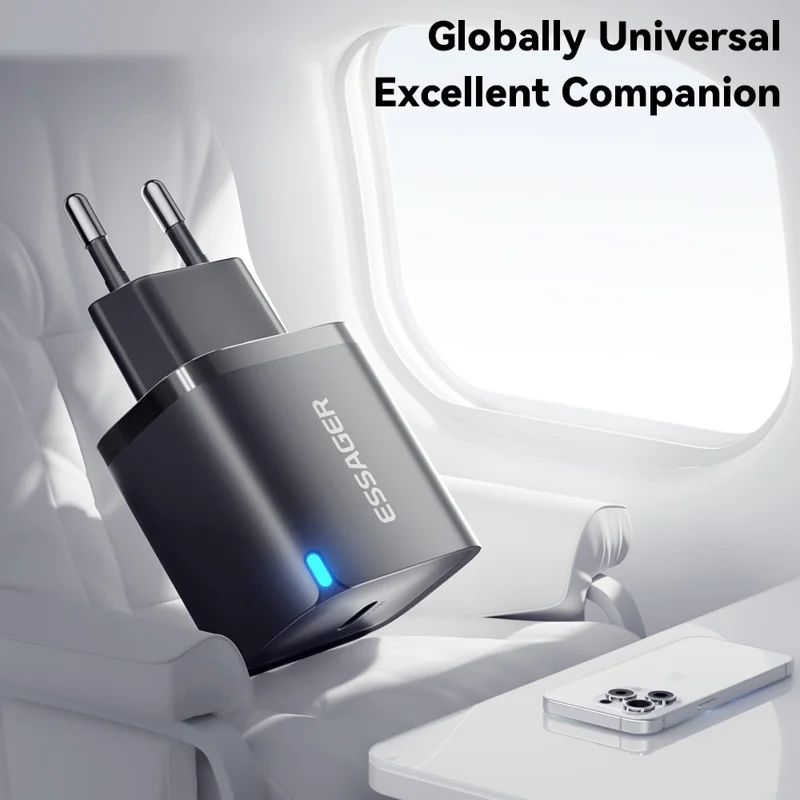 شاحن ESSAGER الأقصى 20 واط بشريحة تقنية PRO، محول طاقة صغير بمنفذ USB-C للسفر - أبيض / قابس أوروبي