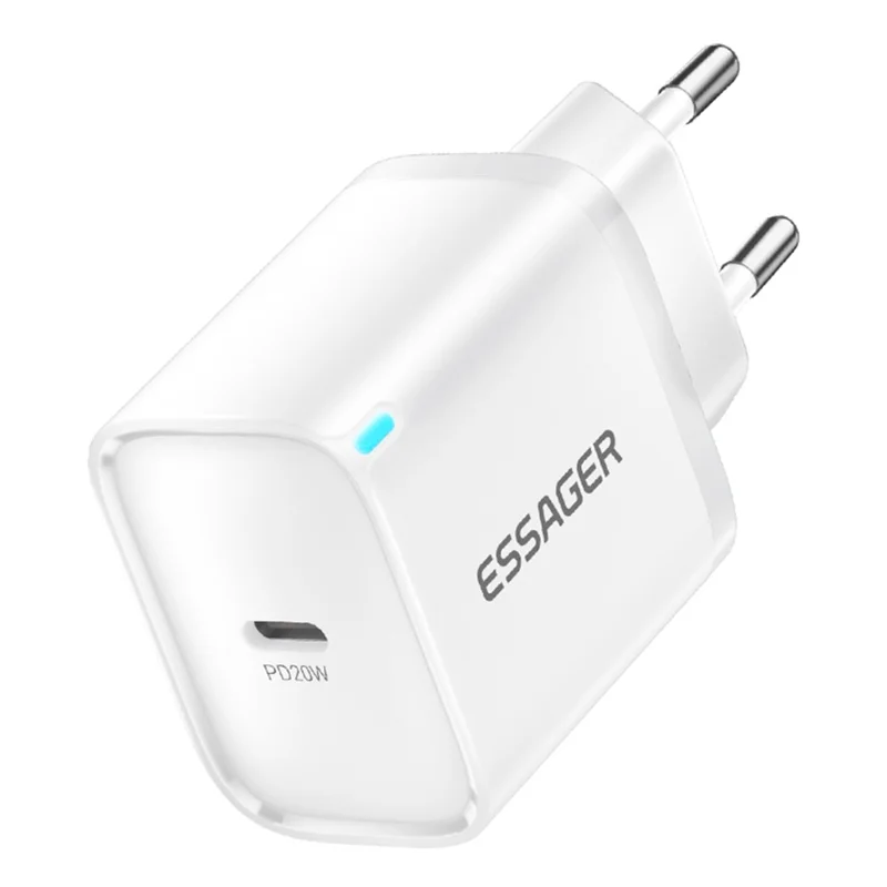 شاحن ESSAGER الأقصى 20 واط بشريحة تقنية PRO، محول طاقة صغير بمنفذ USB-C للسفر - أبيض / قابس أوروبي