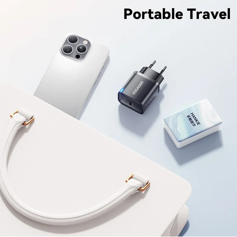 شاحن ESSAGER الأقصى 20 واط بشريحة تقنية PRO، محول طاقة صغير بمنفذ USB-C للسفر - أبيض / قابس أوروبي