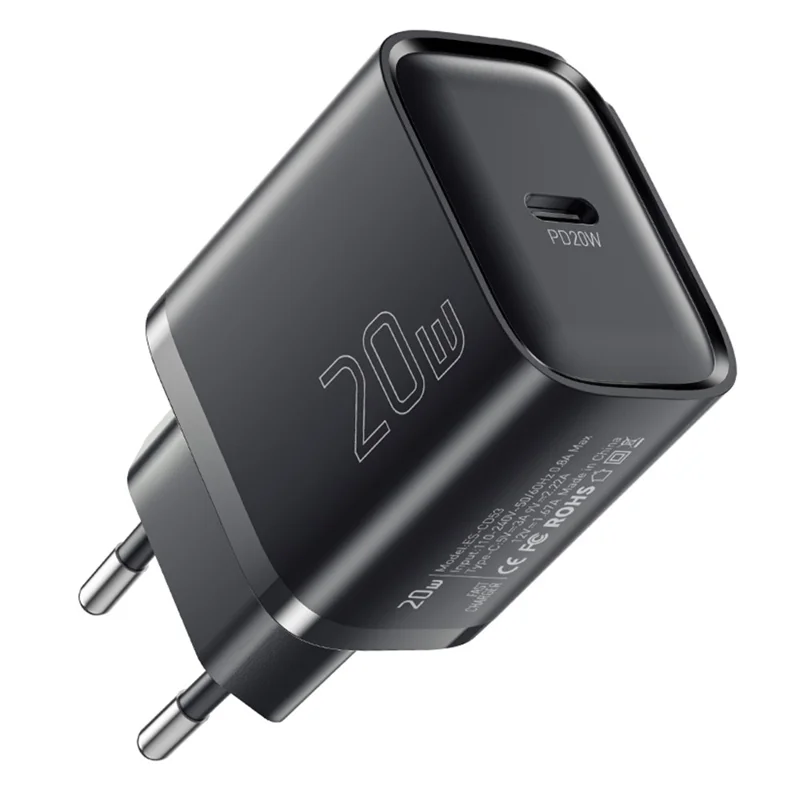 شاحن ESSAGER الأقصى بقوة 20 واط بشريحة تقنية PRO، محول طاقة صغير بمنفذ USB-C للسفر - أسود / منفذ الاتحاد الأوروبي