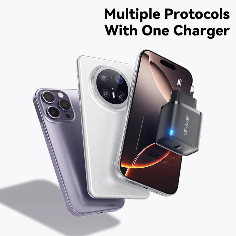 شاحن ESSAGER الأقصى بقوة 20 واط بشريحة تقنية PRO، محول طاقة صغير بمنفذ USB-C للسفر - أسود / منفذ الاتحاد الأوروبي