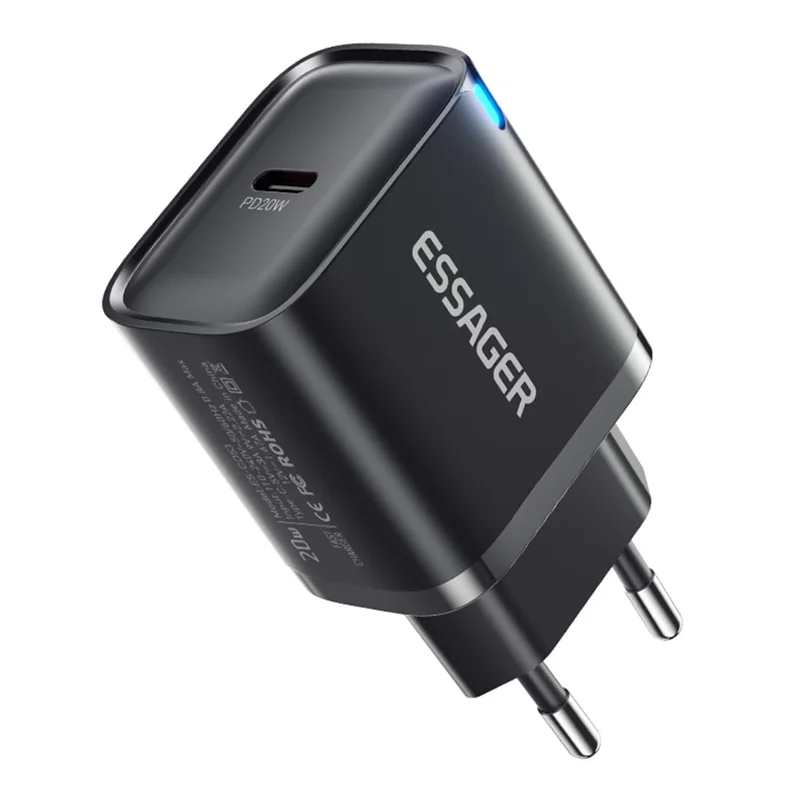 شاحن ESSAGER الأقصى بقوة 20 واط بشريحة تقنية PRO، محول طاقة صغير بمنفذ USB-C للسفر - أسود / منفذ الاتحاد الأوروبي