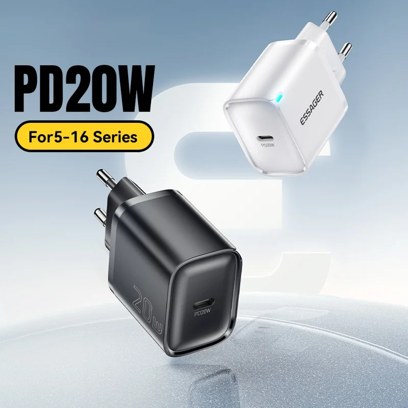 شاحن ESSAGER الأقصى بقوة 20 واط بشريحة تقنية PRO، محول طاقة صغير بمنفذ USB-C للسفر - أسود / منفذ الاتحاد الأوروبي