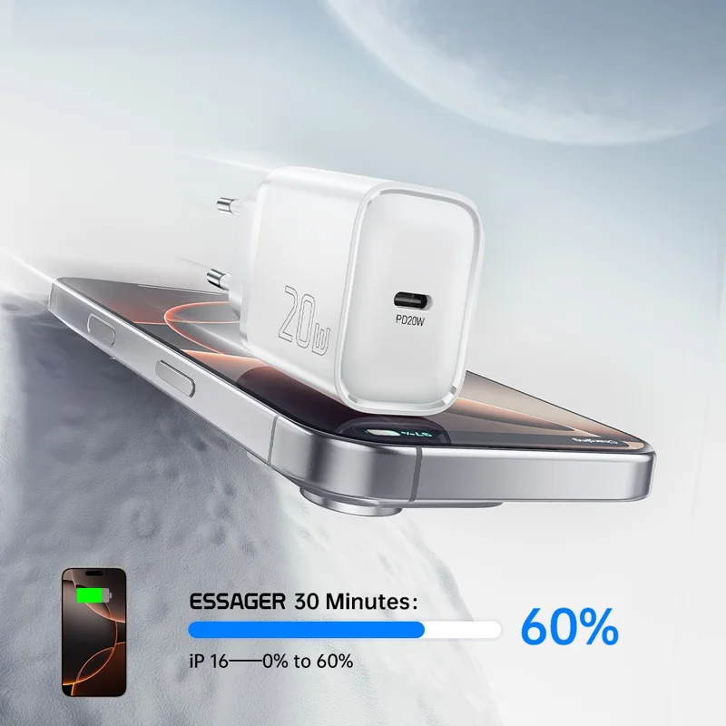 شاحن ESSAGER الأقصى بقوة 20 واط بشريحة تقنية PRO، محول طاقة صغير بمنفذ USB-C للسفر - أسود / منفذ الاتحاد الأوروبي