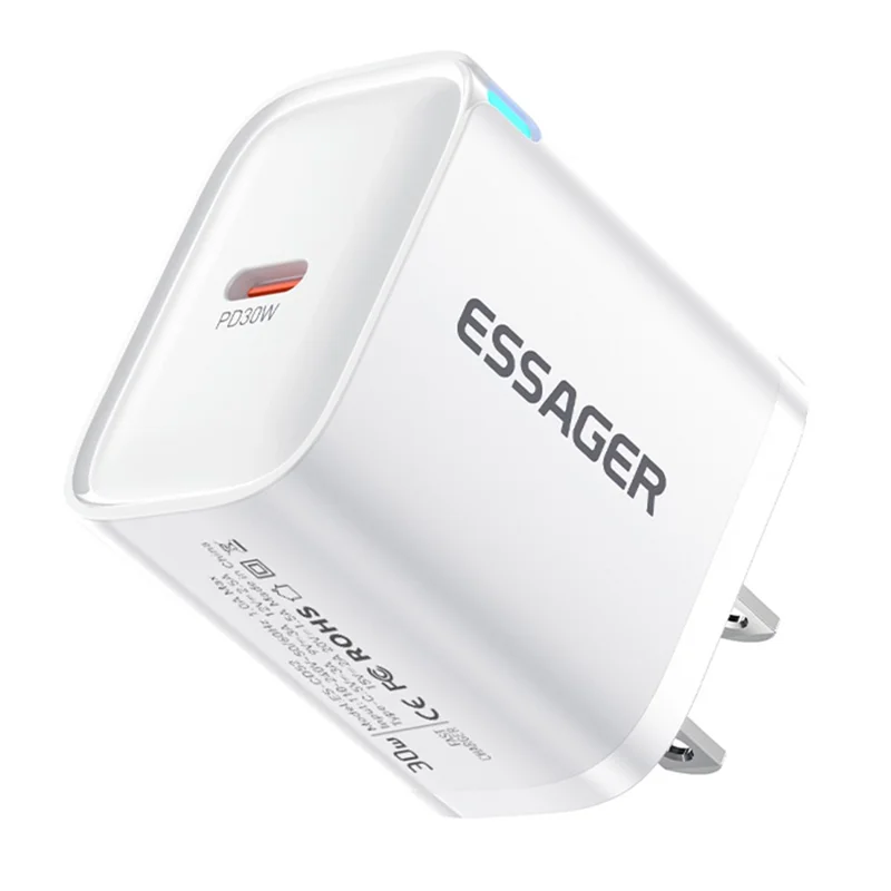 ESSAGER Max 30W USB-C Fast Charger PRO Chip Technology Power Adapter Mini Travel Charging Plug - White  /  US Plug