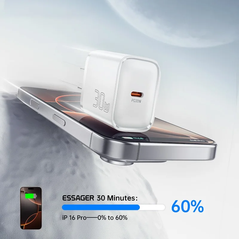 ESSAGER Max 30W USB-C Fast Charger PRO Chip Technology Power Adapter Mini Travel Charging Plug - White  /  US Plug