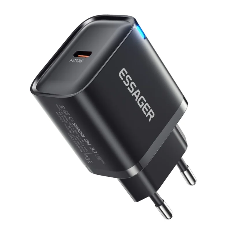 ESSAGER Max 30Вт USB-C Быстрое зарядное устройство PRO Чип Технология Адаптер питания Мини Дорожная зарядка Вилка - Черный / Вилка ЕС