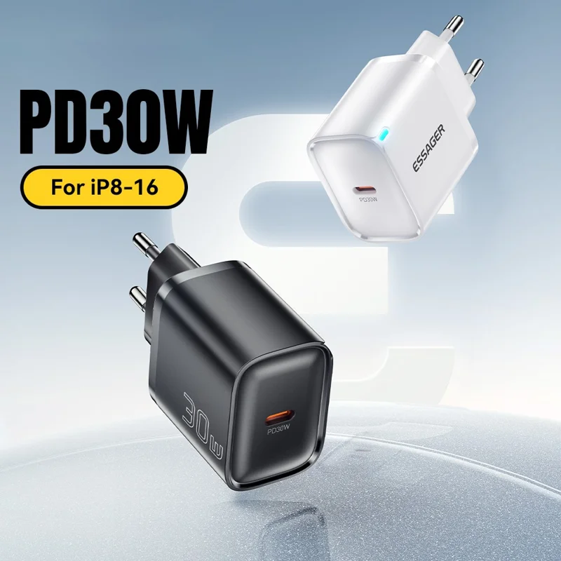 ESSAGER Max 30Вт USB-C Быстрое зарядное устройство PRO Чип Технология Адаптер питания Мини Дорожная зарядка Вилка - Черный / Вилка ЕС