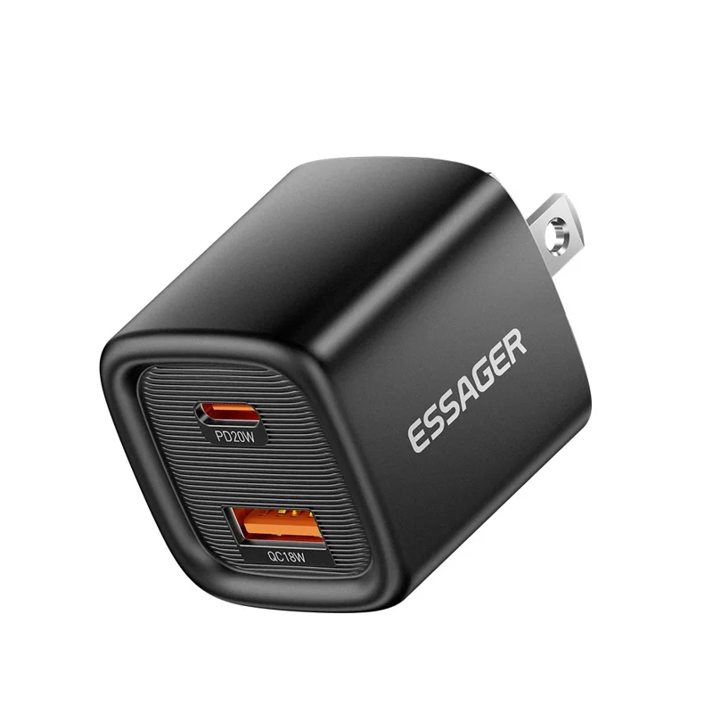 ESSAGER Max 20W Travel Charger Dual Port USB A + Type C Fast Charging Smart Temperature Control - Black  /  US Plug