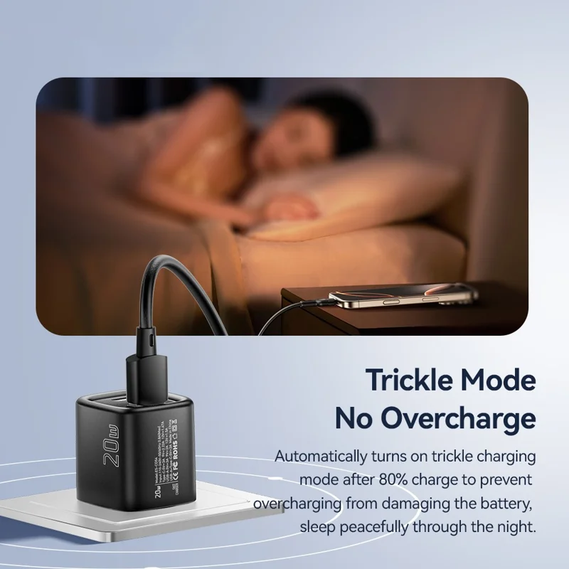 ESSAGER Max 20W Travel Charger Dual Port USB A + Type C Fast Charging Smart Temperature Control - Black  /  US Plug