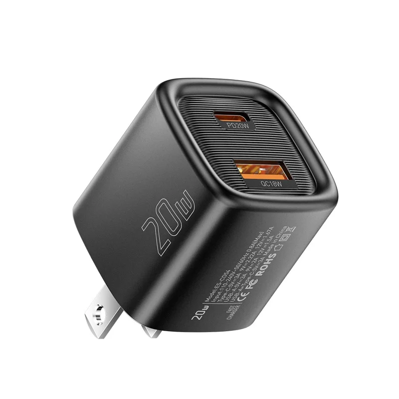 ESSAGER Max 20W Travel Charger Dual Port USB A + Type C Fast Charging Smart Temperature Control - Black  /  US Plug