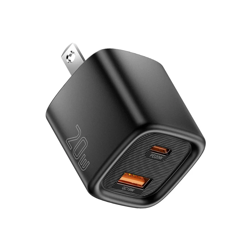 ESSAGER Max 20W Travel Charger Dual Port USB A + Type C Fast Charging Smart Temperature Control - Black  /  US Plug