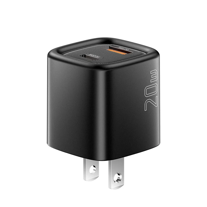 ESSAGER Max 20W Travel Charger Dual Port USB A + Type C Fast Charging Smart Temperature Control - Black  /  US Plug