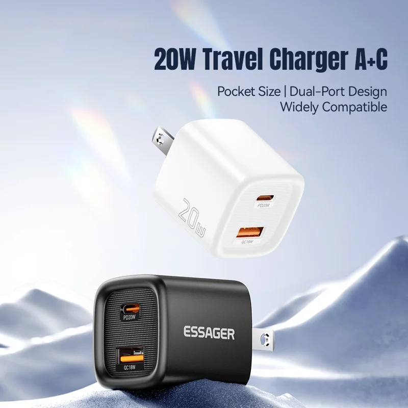 ESSAGER Max 20W Travel Charger Dual Port USB A + Type C Fast Charging Smart Temperature Control - Black  /  US Plug