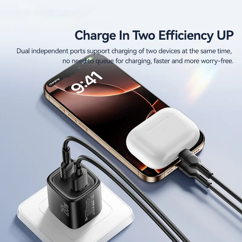 ESSAGER Max 20W Travel Charger Dual Port USB A + Type C Fast Charging Smart Temperature Control - Black  /  US Plug