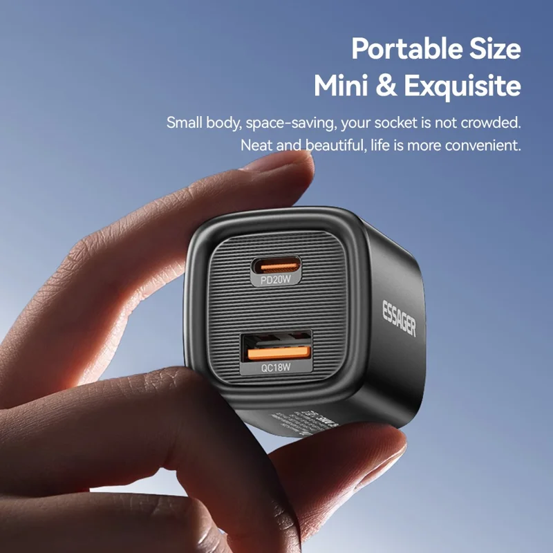 ESSAGER Max 20W Travel Charger Dual Port USB A + Type C Fast Charging Smart Temperature Control - Black  /  US Plug