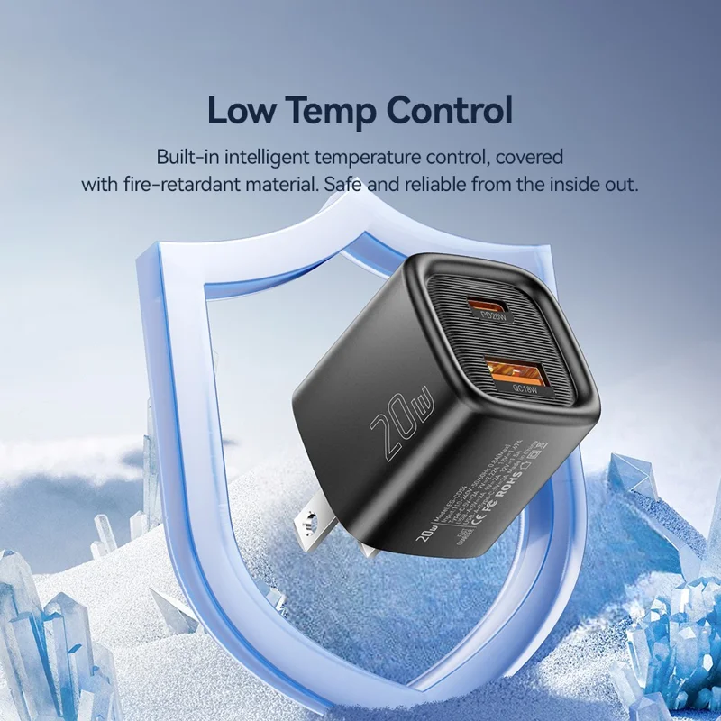 ESSAGER Max 20W Travel Charger Dual Port USB A + Type C Fast Charging Smart Temperature Control - Black  /  US Plug