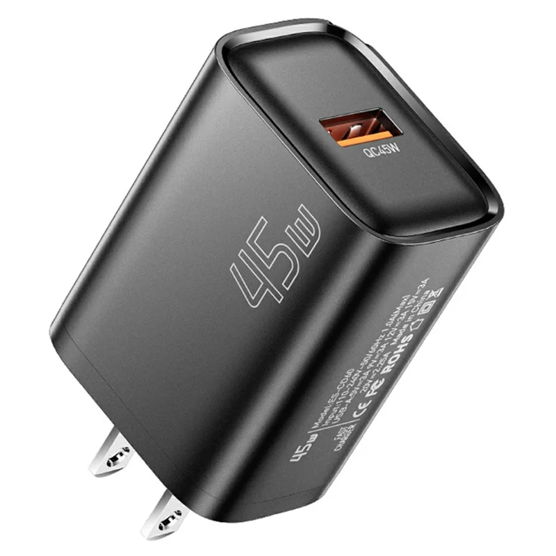 ESSAGER Max 45W USB-A Fast Charger Smart Temperature Control Power Wall Charger Adapter Portable - Black  /  US Plug