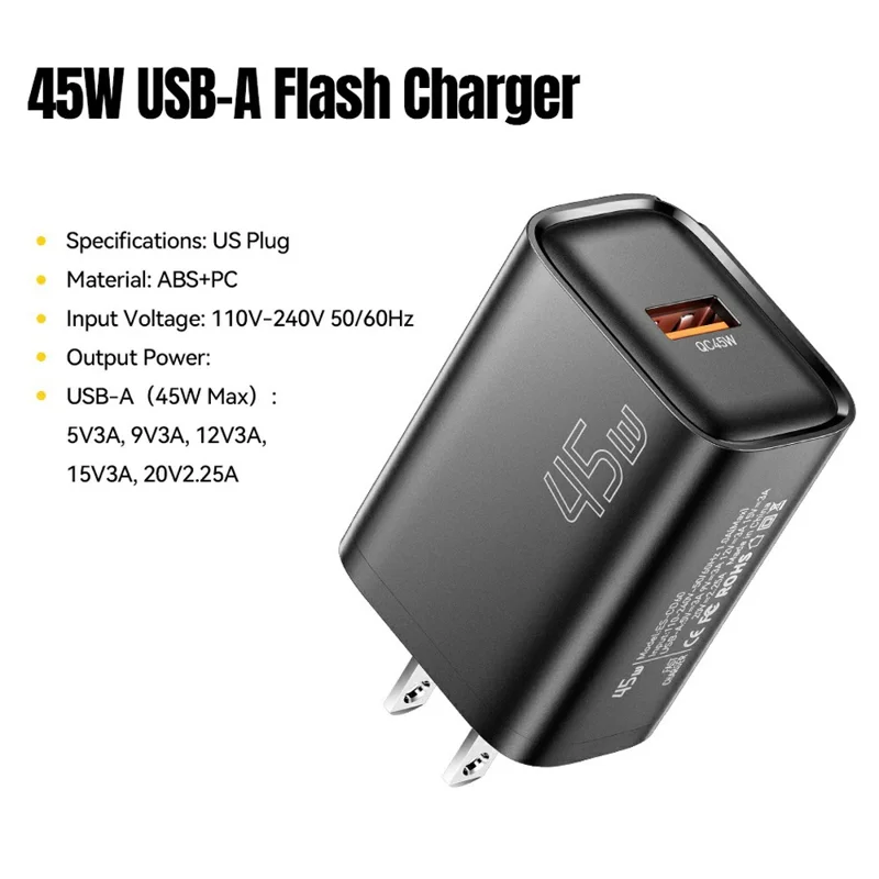 ESSAGER Max 45W USB-A Fast Charger Smart Temperature Control Power Wall Charger Adapter Portable - Black  /  US Plug
