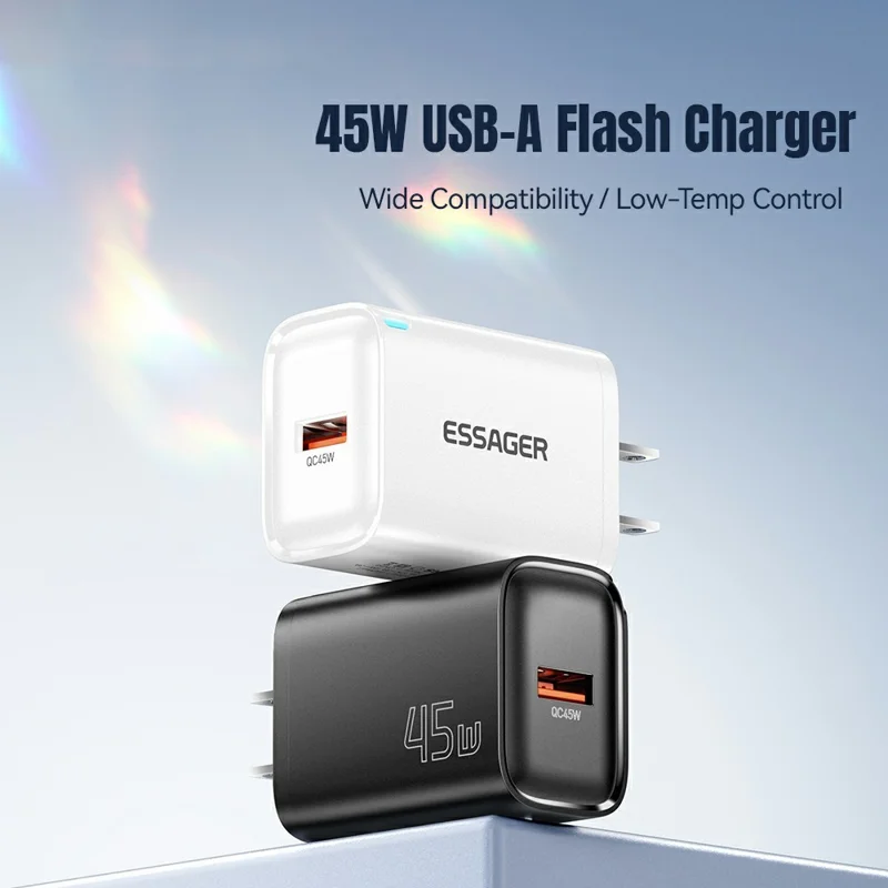 ESSAGER Max 45W USB-A Fast Charger Smart Temperature Control Power Wall Charger Adapter Portable - Black  /  US Plug