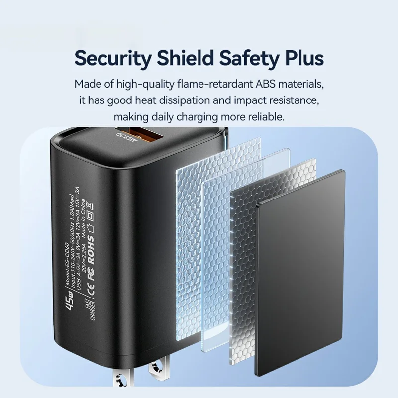 ESSAGER Max 45W USB-A Fast Charger Smart Temperature Control Power Wall Charger Adapter Portable - Black  /  US Plug