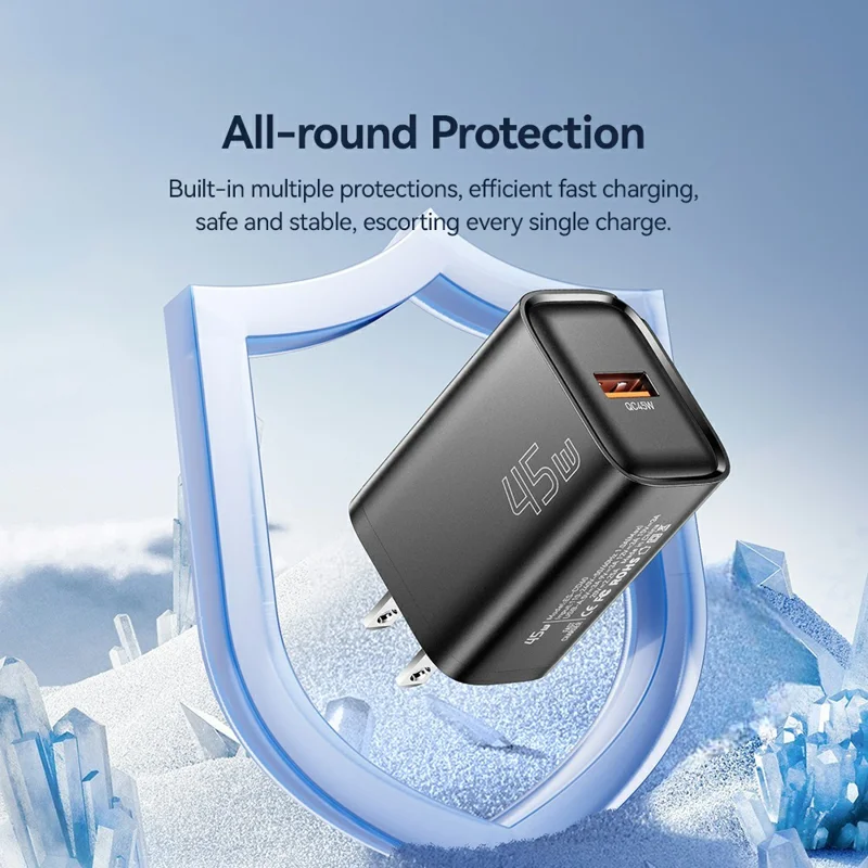 ESSAGER Max 45W USB-A Fast Charger Smart Temperature Control Power Wall Charger Adapter Portable - Black  /  US Plug