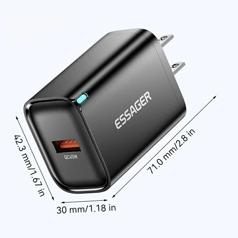 ESSAGER Max 45W USB-A Fast Charger Smart Temperature Control Power Wall Charger Adapter Portable - Black  /  US Plug