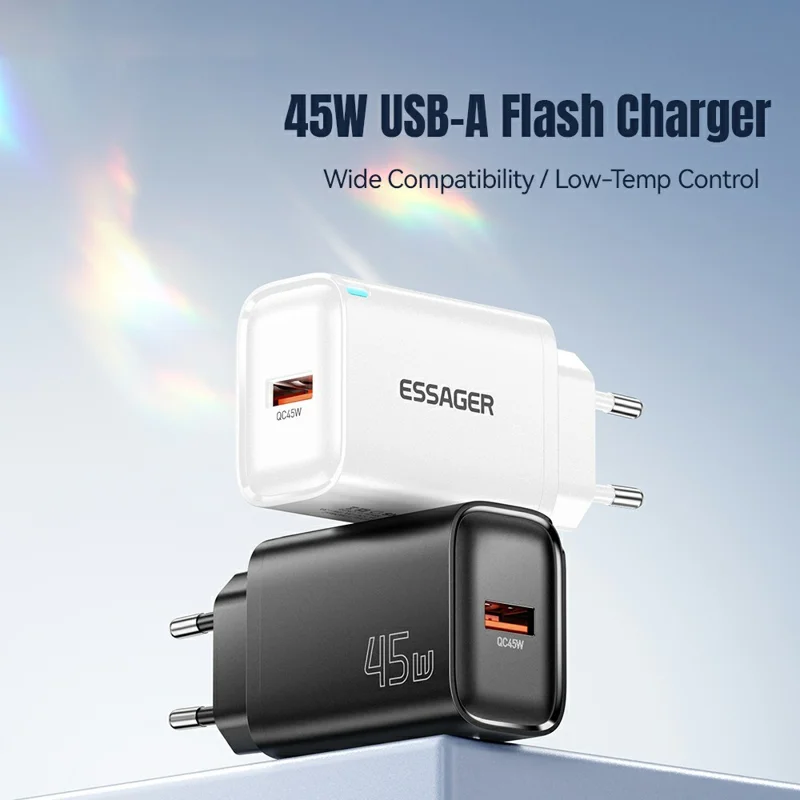 ESSAGER Max 45W USB-A Fast Charger Smart Temperature Control Power Wall Charger Adapter Portable - Black  /  EU Plug