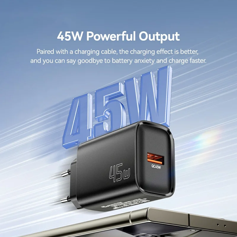 ESSAGER Max 45W USB-A Fast Charger Smart Temperature Control Power Wall Charger Adapter Portable - Black  /  EU Plug