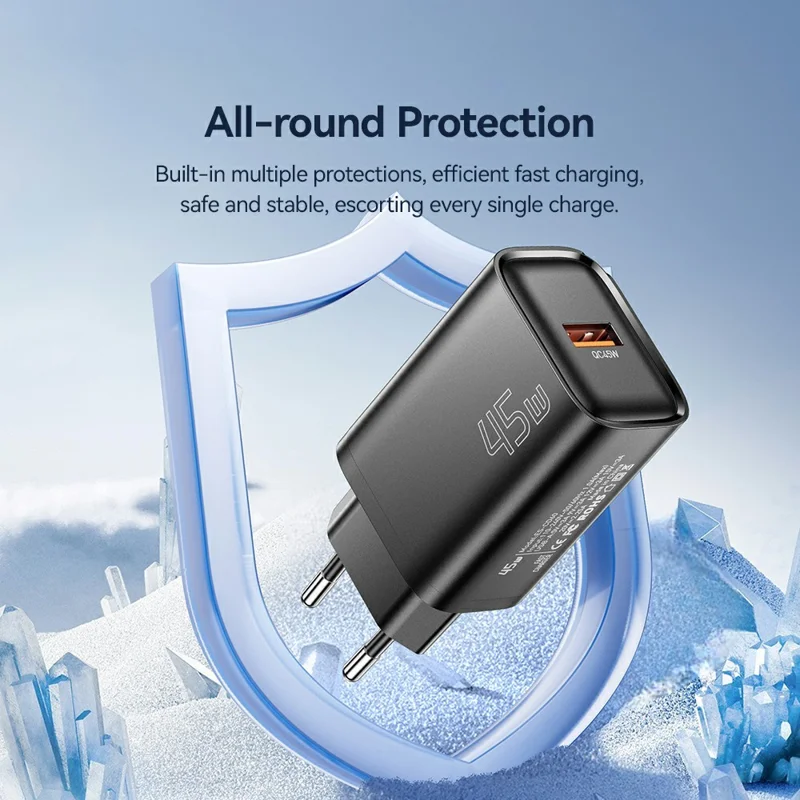 ESSAGER Max 45W USB-A Fast Charger Smart Temperature Control Power Wall Charger Adapter Portable - Black  /  EU Plug