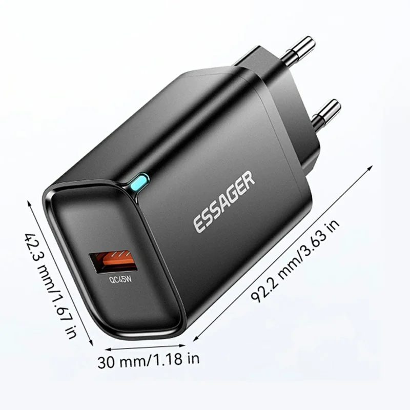 ESSAGER Max 45W USB-A Fast Charger Smart Temperature Control Power Wall Charger Adapter Portable - Black  /  EU Plug
