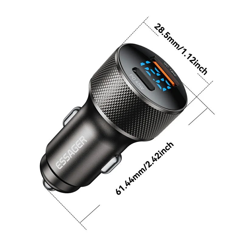 ESSAGER PD 45W Aluminum Alloy Car Charger USB-A  /  Type-C Dual Port PD3.0  /  QC3.0 Fast Charging Adapter - Black