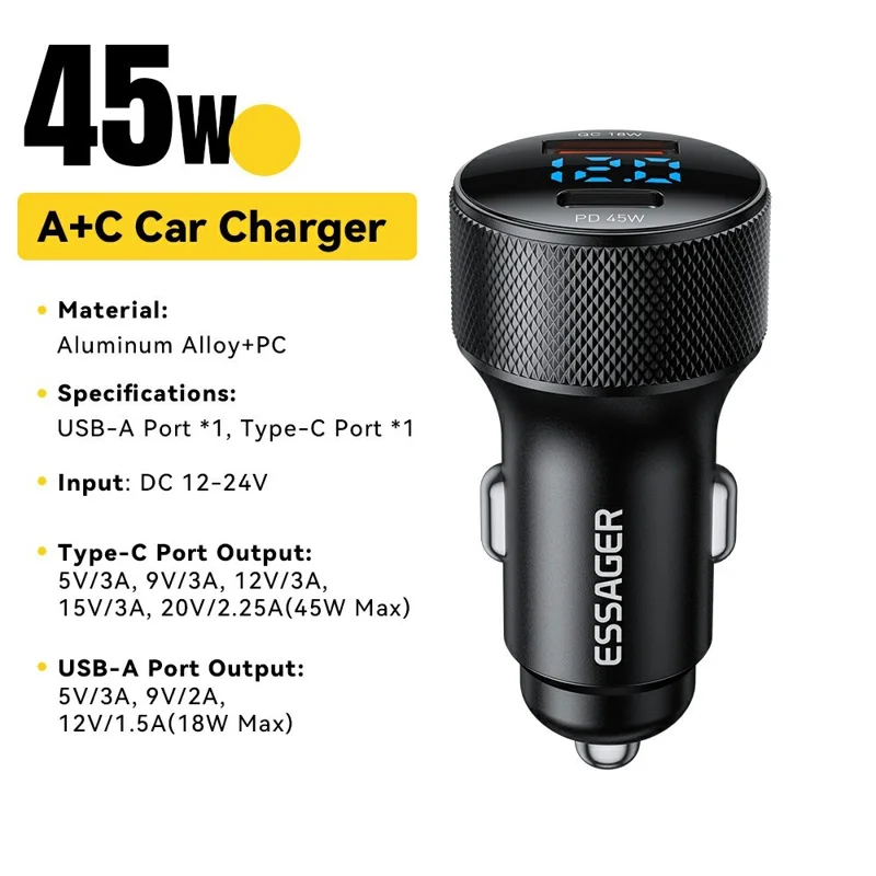 ESSAGER PD 45W Aluminum Alloy Car Charger USB-A  /  Type-C Dual Port PD3.0  /  QC3.0 Fast Charging Adapter - Black