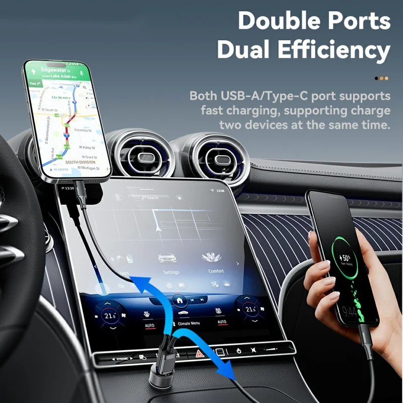 ESSAGER PD 45W Aluminum Alloy Car Charger USB-A  /  Type-C Dual Port PD3.0  /  QC3.0 Fast Charging Adapter - Black