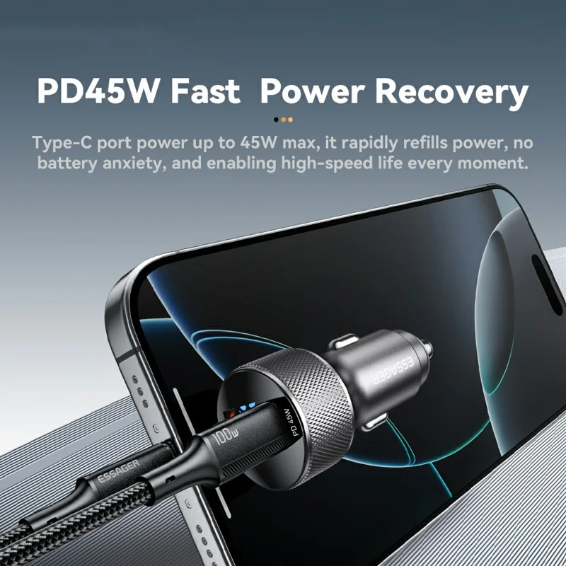 ESSAGER PD 45W Aluminum Alloy Car Charger USB-A  /  Type-C Dual Port PD3.0  /  QC3.0 Fast Charging Adapter - Black