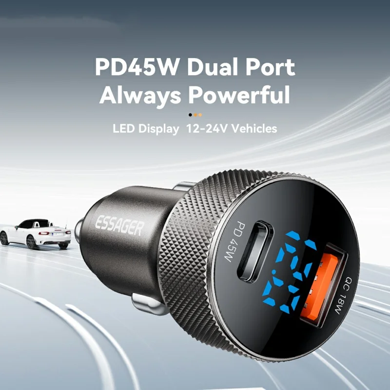 ESSAGER PD 45W Aluminum Alloy Car Charger USB-A  /  Type-C Dual Port PD3.0  /  QC3.0 Fast Charging Adapter - Black