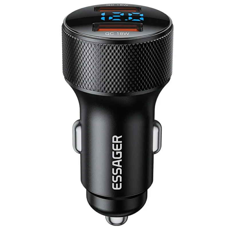 ESSAGER PD 36W Aluminum Alloy Fast Charging Car Charger Dual QC3.0 Digital Display Power Adapter - Black