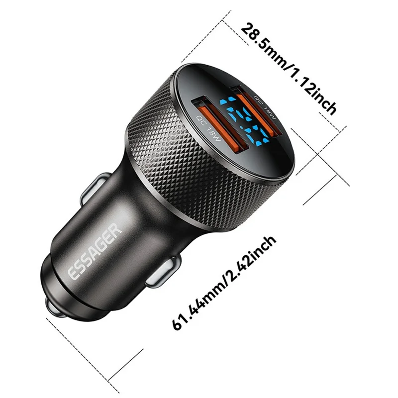 ESSAGER PD 36W Aluminum Alloy Fast Charging Car Charger Dual QC3.0 Digital Display Power Adapter - Black